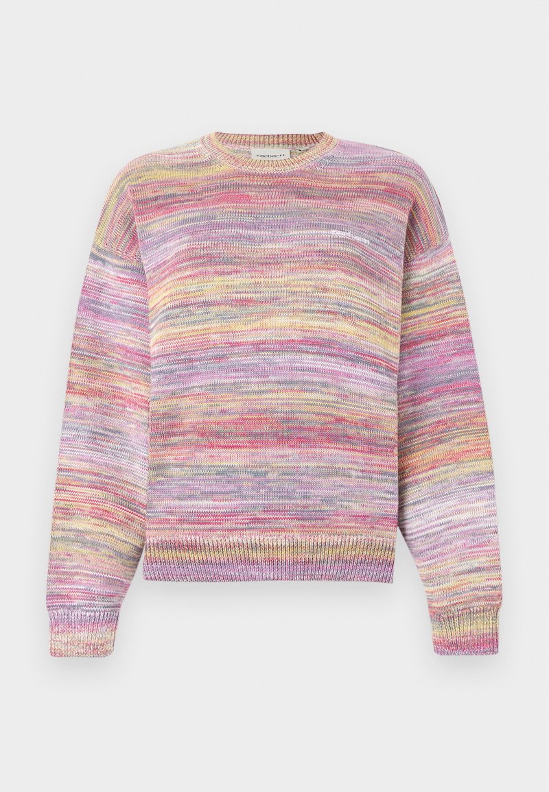 Maglione multicolore a maglia con maniche lunghe, polsini e orlo a coste, caratterizzato da strisce orizzontali nei toni del rosa, giallo, lavanda e grigio.