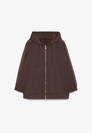 Brun hættejakke med lynlås, snore, forlommer, elastiske ærmekanter og stribedetalje langs ærmerne.