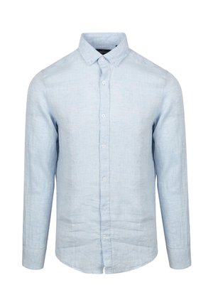 Lichtblauwe lange mouwen knoopshirt van linnen met een zachte textuur, voorzien van een klassieke kraag en een rechte snit.