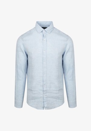 Lichtblauwe lange mouwen knoopshirt van linnen met een zachte textuur, voorzien van een klassieke kraag en een rechte snit.