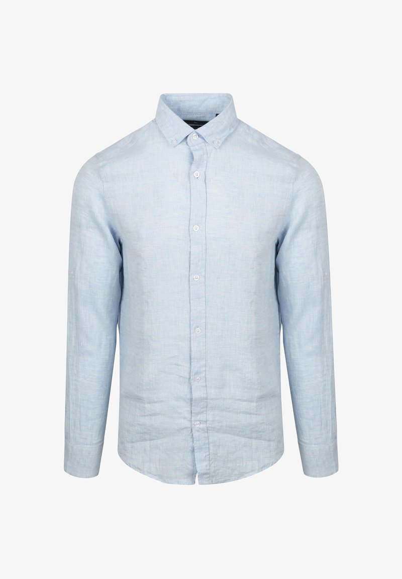 Lichtblauwe lange mouwen knoopshirt van linnen met een zachte textuur, voorzien van een klassieke kraag en een rechte snit.