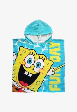 Blue hooded towel featuring a smiling SpongeBob SquarePants character with big eyes and the text "FUN DAY" on the side.