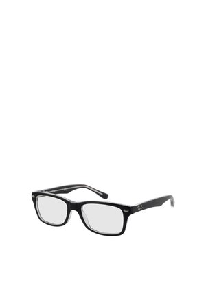 Schwarze rechteckige Brille mit klaren Gläsern und dezentem Markenlogo am Bügel, dargestellt auf weißem Hintergrund.