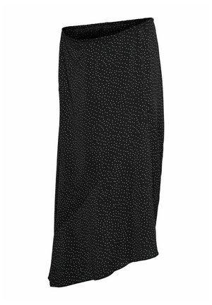 Zwarte midi-rok met kleine witte stippen, recht model en lichte uitlopende zoom.