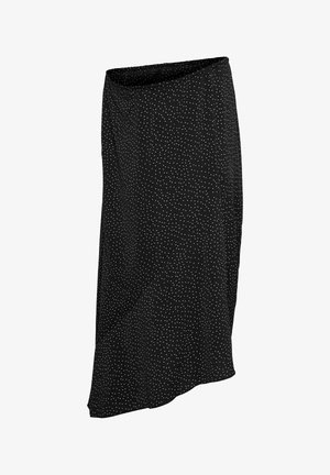 Zwarte midi-rok met kleine witte stippen, recht model en lichte uitlopende zoom.