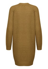 Długi, luźny sweter w kolorze musztardowym. Wykonany z fakturowanej dzianiny, z prążkowanymi mankietami i dołem oraz okrągłym dekoltem.