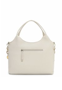 Beige käsilaukku, valmistettu teksturoidusta nahasta, jossa on kaksi kahvaa, etupuolella vetoketjullinen tasku ja koristeelliset metallikoristeet sivussa.