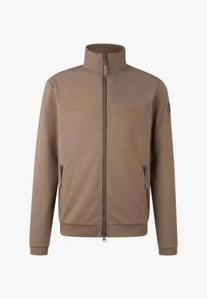 Brown zip-up jacket with stand collar, made of soft, textured fabric. Features two side pockets and minimalistic design accents.