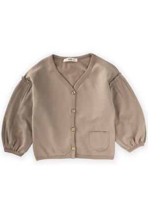 Beige cardigan made of soft fabric, featuring a V-neck, puffed sleeves, wooden button closure, and a single pocket on the front.