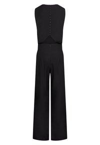 Czarny kombinezon z bezrękawnikowym krojem, detalem z guzikami na plecach, odkrytymi plecami i szerokimi nogawkami. Wykonany z gładkiego materiału o estetycznym wykończeniu.