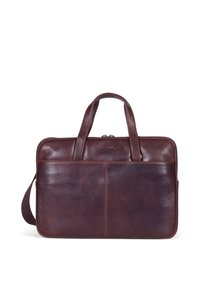 Valigetta in pelle marrone con doppio manico, cinturino per spalla removibile, texture liscia e design a due scomparti. Chiusura con zip nella parte superiore.
