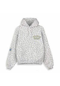 Felpa con cappuccio di colore grigio chiaro con motivo leopardato, caratterizzata da un logo ricamato e una tasca a marsupio frontale.