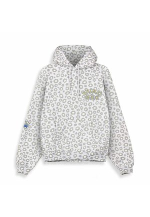 Kapuzensweatshirt in Hellgrau mit einem Leopardenmuster, ausgestattet mit einem gestickten Logo und einer vorderen Kängurutasche.
