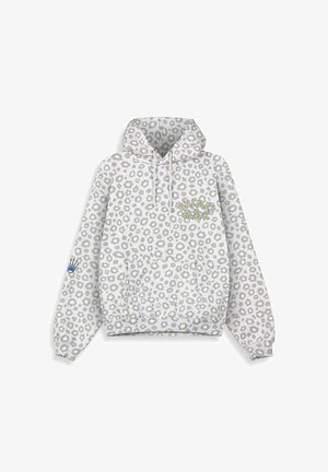Lichtegrijze hoodie met een luipaardprint, voorzien van een geborduurd logo en een voorste kangoeroezak.