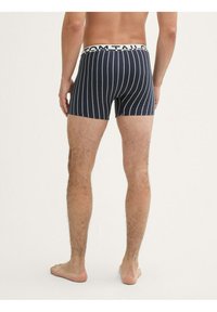 Sötét háttérrel ellátott, vízszintes fehér csíkos, puha pamutból készült TOM TAILOR márkájú, navy csíkos boxer nadrág.