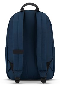Navy backpack with padded shoulder straps, a top handle, and two side pockets. Smooth fabric with black accents and adjustable buckles.