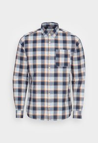 Camicia button-up in cotone, con un motivo a quadri blu, navy e arancione, maniche lunghe e tasca sul petto. Design con colletto classico.