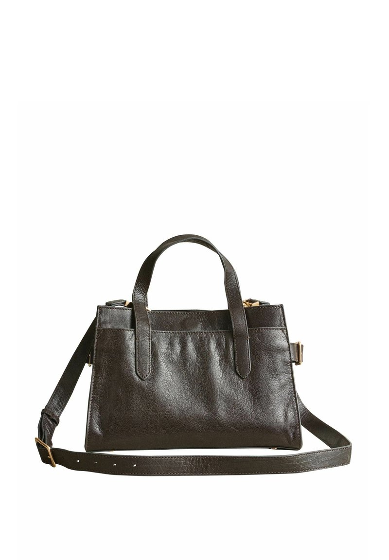 Dark brown leather handbag with two short handles and an adjustable long strap, rectangular shape with minimal stitching details.
