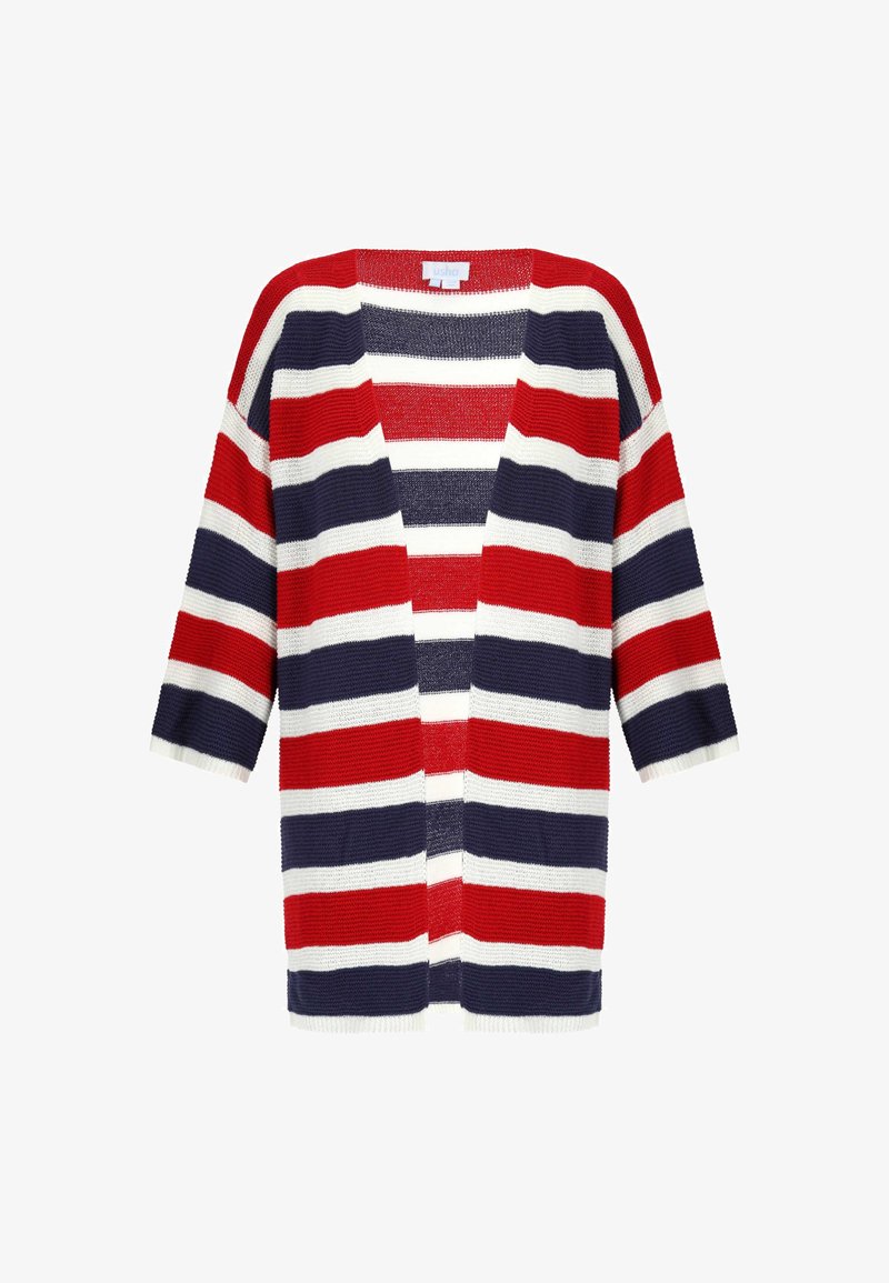 Cardigan cu dungi, prezentând culorile roșu, alb și albastru marin. Fabricat dintr-un material tricotat ușor, cu deschidere frontală și mâneci până la trei sferturi.