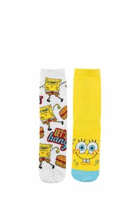 Calzini gialli e bianchi con SpongeBob SquarePants. Un calzino è giallo con un design del volto; l'altro è bianco con illustrazioni multicolori.