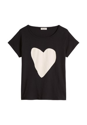 Zwart T-shirt met korte mouwen en ronde halslijn, met een groot off-white hartvormig print in het midden van de voorkant.