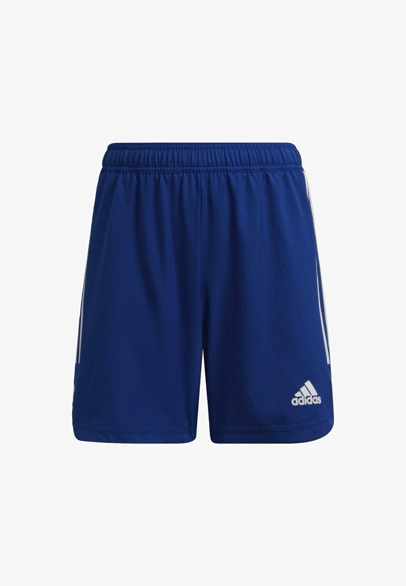Blauwe sportshorts gemaakt van zachte stof, met een elastische tailleband, witte strepen aan de zijkant en een logo rechtsonder.