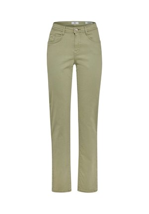 Olive green denim pants featuring a classic five-pocket design, button closure, and straight leg fit. Smooth texture and sturdy fabric.