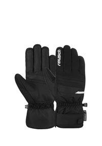 Schwarze Skihandschuhe mit Lederhandflächen und Stoffrücken, elastischen Bündchen und einem weißen Logo. Sie verfügen über verstärkte Nähte und einen engen Sitz.