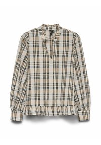 Blusa a quadri beige con controlli neri, marroni e blu. Presenta maniche lunghe, scollo arricciato e dettaglio a volant sull'orlo. Tessuto in cotone.