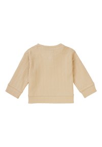 Beige gerippter Babypullover mit langen Ärmeln, Rundhalsausschnitt und angeschnittenen Ärmeln, flach ausgelegt mit der Rückseite nach oben.