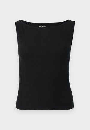 Melnā, bez piedurknēm, ribota auduma topiņš ar platu izgriezumu un pieguļošu siluetu. Vienkāršs dizains bez rakstiem vai akcentiem.