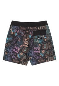 Pantaloncini da surf con una base nera e grafiche colorate e decorative, inclusi loghi, forme e design. Presentano un cinturino elastico e una tasca.