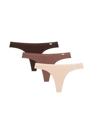 Trzy damskie stringi w kolorach ciemny brąz, średni brąz i beż, każdy z małą kokardką i metką na pasku.