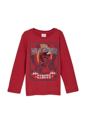 Rode lange mouwen t-shirt met een grafische print van een tijger op een fiets, omringd door circus-thema-elementen en levendige kleuren.