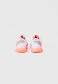 Athletic shoes with a white mesh upper, pink accents, textured gray overlays, and a speckled pink sole, featuring padded collars.