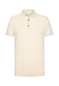 Krämfärgad polo skjorta i stickad tyg, med kort ärm, treknäppsknäppning med mörka knappar och ribbade muddar.