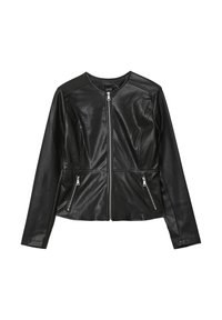 Giacca in ecopelle nera con maniche lunghe, chiusura frontale con zip e due tasche laterali con zip, vestibilità aderente e scollo tondo.