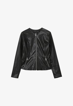 Black faux leather jacket with long sleeves, front zipper closure, and two zippered side pockets, tailored fit and round neckline.