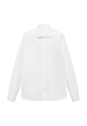 Camicia bianca a maniche lunghe realizzata in tessuto liscio, dotata di colletto a punta, chiusura con bottoni e orlo arrotondato con polsini abbottonati.