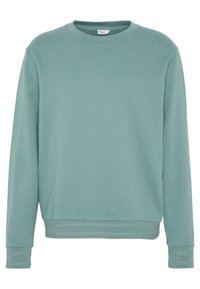 Mintgrüner Sweatshirt mit Rundhalsausschnitt, langen Ärmeln und gerippten Bündchen sowie Saum. Hergestellt aus weichem Stoff mit einer glatten, gleichmäßigen Textur.