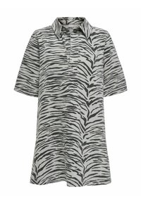 Chemise gris clair avec des rayures noires de zèbre, à manches courtes, à col et avec une patte de boutonnage partielle, fabriquée dans un matériau textile doux.