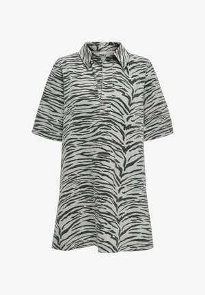 Helepa halli särk mustade zeebratriipudega, lühikeste varrukatega, krae kujundusega ja osalise nööpimisega, valmistatud pehmest tekstiilmaterjalist.