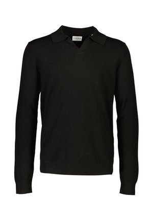 Suéter negro de manga larga con escote en V y cuello doblado. Confeccionado en un tejido de punto suave con puños y dobladillo acanalados. Sin patrones ni acentos.