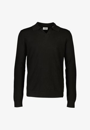 Zwarte lange mouwen pullover met een v-hals en opgerolde kraag. Gemaakt van een gladde gebreide stof met geribbelde manchetten en zoom. Geen patronen of accenten.