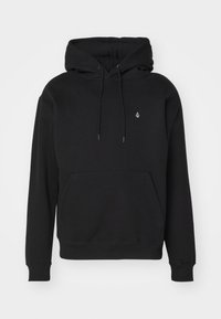 Zwarte hoodie van een zachte katoenmix met een trekkoordcapuchon, een voorzak in kangoeroestijl, ribgebreide manchetten en zoom, en een klein logo op de borst.