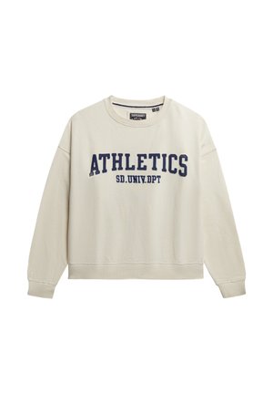 Beige sweatshirt met ribgebreide ronde hals, lange mouwen en een losse pasvorm. Bevat de opdruk "ATHLETICS" en "SD.UNIV.DPT" in donkerblauw op de voorkant.