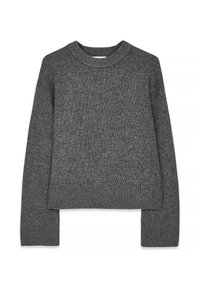 Dark gray pullover sweater made of textured knit fabric, featuring a rounded neckline and ribbed cuffs with a cropped hemline.