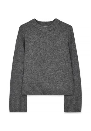 Dark gray pullover sweater made of textured knit fabric, featuring a rounded neckline and ribbed cuffs with a cropped hemline.
