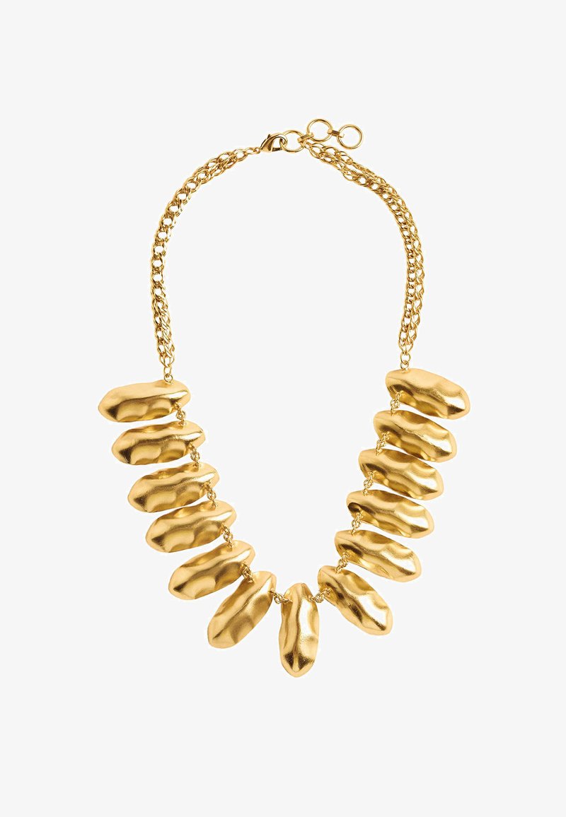 Złoty naszyjnik z teksturowanymi, wydłużonymi owalnymi ogniwami na podwójnym łańcuszku, z zapięciem na karabińczyk i regulowaną długością.