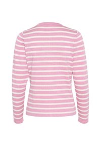 T-shirt à manches longues en rose clair avec des rayures horizontales blanches. Fabriqué en tissu doux avec un col rond et des poignets sans coutures.